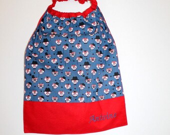 Back to school, birthday *** Table napkin, bib, canteen, with elastic at the neck, cotton blue dandy foxes, to order