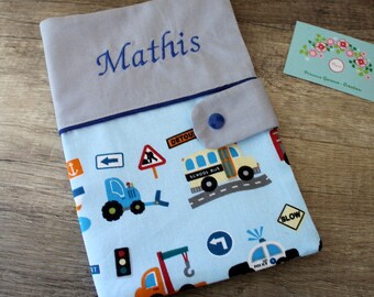 Naissance * Protège carnet de santé, coton, véhicules, personnalisable prénom- sur commande