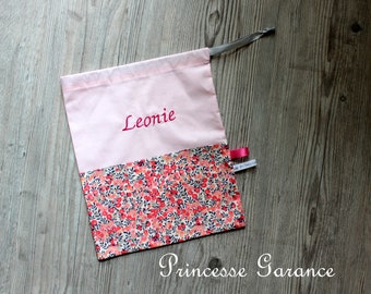 Birth, back to school * Pouch, cotton bag, Liberty Wiltshire sweet pea, pink cotton piqué, sliding link - to order