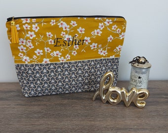 Birthday, Mother's Day* Cotton toiletry bag, mustard almond blossom and black Japanese style - ON ORDER