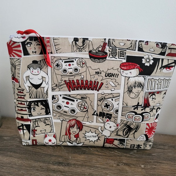 Noël, Anniversaire, vacances * Trousse format A4 coton manga gamer rouge- sur commande