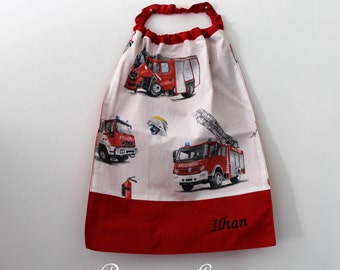 Back to school, birthday *** Table napkin, bib, canteen, with elastic at the neck, firefighter cotton, to order