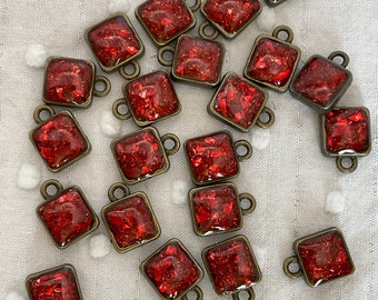 Pair (2) Antique Brass Red Glitter Square Charms, 12mm x 9mm, hole 2mm / tiny pendants / glitter glass / resin beads / beads for kits