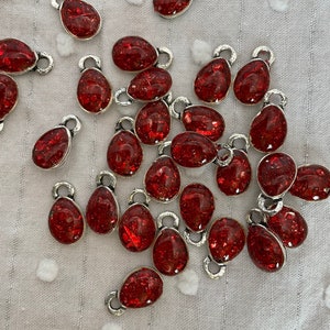 Pair (2) Antique Silver Red Glitter Teardrop Charms, 13mm x 7mm, hole 2mm / tiny pendants / glitter glass / resin beads / beads for kits