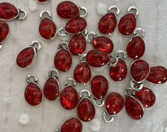 Pair (2) Antique Silver Red Glitter Teardrop Charms, 13mm x 7mm, hole 2mm / tiny pendants / glitter glass / resin beads / beads for kits