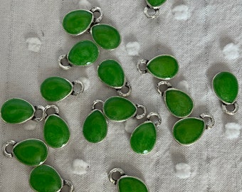 Pair (2) Antique Silver Apple Green Teardrop Charms, 13mm x 7mm, hole 2mm / tiny pendants / glitter glass / resin beads / beads for kits