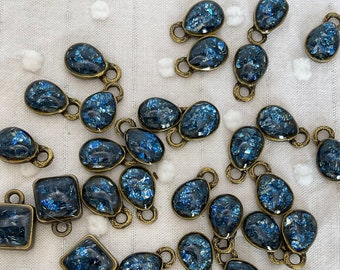 Antique Brass Navy Blue Glitter Teardrop Charms (Pair)