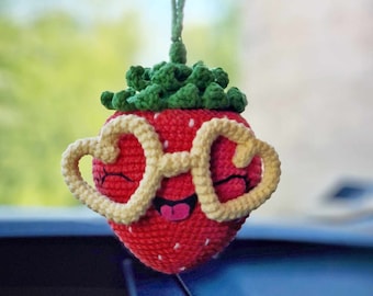 Crochet funny strawberry car mirror hanger charm amigurumi pattern - ENG