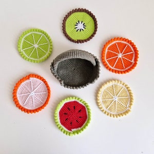 Crochet fruit coasters and coasters holder pattern - ENG