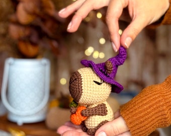 Crochet Halloween Capybara in a witch hat amigurumi pattern - ENG