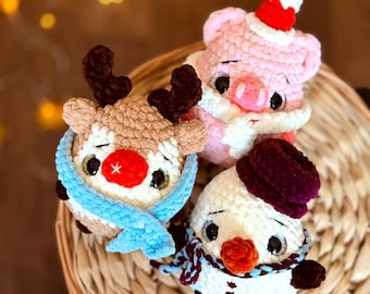 3 in 1 Holiday squishes bundle crochet reindeer, snowman and piggy amigurumi pattern - ENG