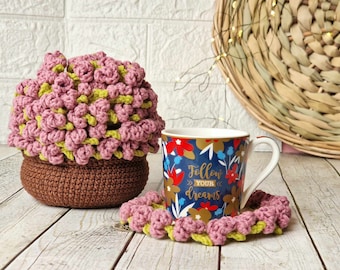Crochet Flower Coasters with Pot Pattern (ENG)