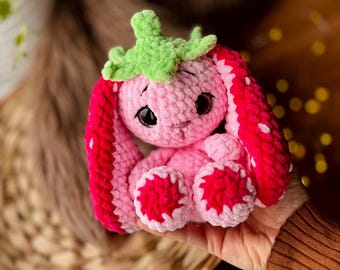 Handmade Crochet Strawberry Bunny Snuggler – Kawaii Plush Lovey