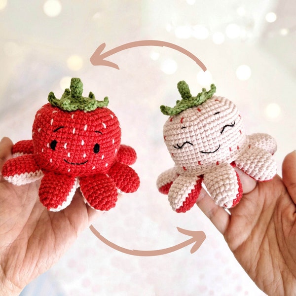 Crochet strawberry reversible octopus amigurumi pattern - ENG