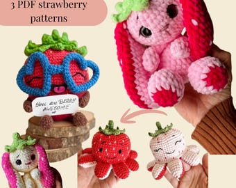 Strawberry Crochet Pattern Bundle – 3 Amigurumi PDF Patterns – Strawberry Bunny, Emotional Support Strawberry, Reversible Octopus