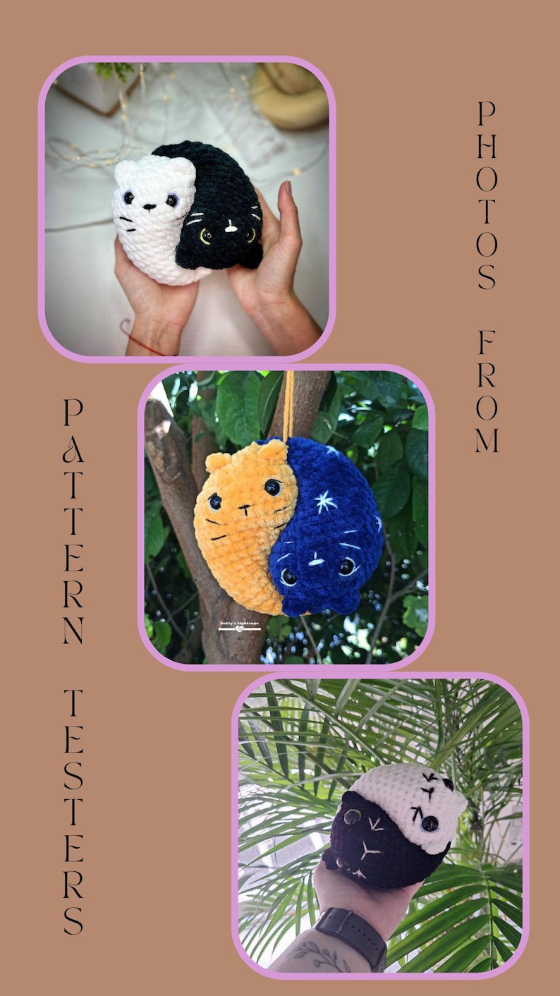 Pode incluir: Tr&ecirc;s peluches de gato de croch&ecirc; em diferentes combina&ccedil;&otilde;es de cores. O primeiro peluche &eacute; preto e branco, o segundo &eacute; amarelo e azul, e o terceiro &eacute; preto e branco. Cada peluche tem a forma de um s&iacute;mbolo yin yang, com as duas metades do s&iacute;mbolo representando os dois gatos.