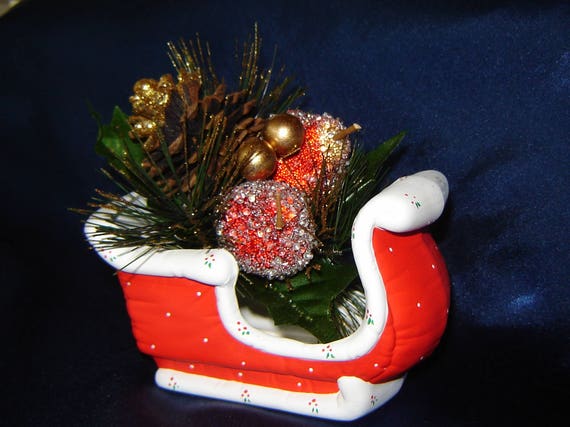 Santa Sleigh In Red Ceramic Sleigh Christmas Decoration Etsy