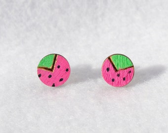 Watermelon Summertime Wooden Round Circle Stud Earrings Kawaii Cute Pink Green Mens Earrings Womens Earrings Jewelry Studs Unisex Jewelry