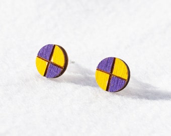 Team Colors Yellow Purple Wooden Stud Earrings Checkered Violet Golden Geometric Colorful Boho Style Earrings Jewelry Wood Circle Round