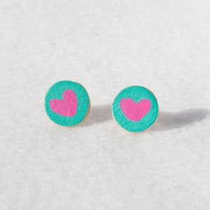 Love Spell Heart Round Circle Wooden Stud Earrings