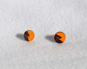 Electric Orange Circle Wooden Earrings Studs Mens Earrings Womens Earrings Unisex Jewelry Lightening Bolt Woodburned Minimalist Earrings