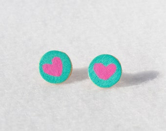 Love Spell Wooden Circle Earrings Heart Jewelry Pink Aqua Turquoise Romance Valentines Day Colorful Anime Womens Earrings Mens Earrings