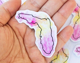 Florida State Shape Watercolor Sticker Stationery Handmade Stationary Cute Pink Yellow Scrapbooking Artwork Southern USA United States