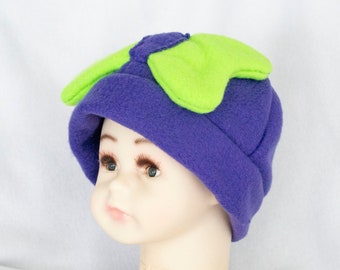 Purple and Green Bow Infant to 6 Month Sized Fleece Hat Beanie Cap Costume Cosplay Soft Fluffy Violet Neon Warm Winter Autumn Fall Weather