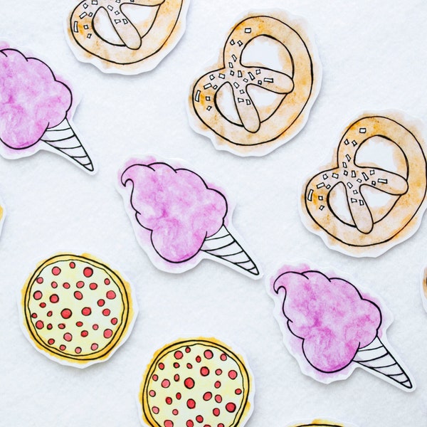 Watercolor Cotton Candy Pizza Pretzel Fair Food Stickers Stationery Cute Kawaii Food Foodie Sticker Cute Foods Pepperoni Carnival Snacks