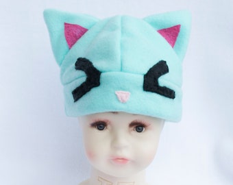 Aqua Blue Kitty Cat Fleece Hat Beanie Cap Baby Infant to 6 Months Size Clothing Soft Fluffy One of a Kind Unique Green Pink Nose Kitten Art