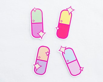 Sugar Pills Stickers Stationery Kawaii Cute Fairy Kei Harajuku Adorable Pastel Sparkles Medicine Pink Green Purple Water Bottle Stickers