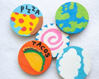 Cute Fridge Magnets Round Wooden Hand Painted Cloud Pizza Taco Food Magnets Planet Earth Globe Magnet Japanese Food Shopping List Kawaii