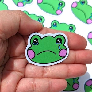Crying Frog Face Head Sticker Handmade Kawaii Cute Stickers Stationery Stationary Anime Cartoon Frogs Toad Toads Green Tears Cry Sad image 1