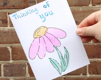 Thinking Of You Pink Flower Hand Painted Greeting Card