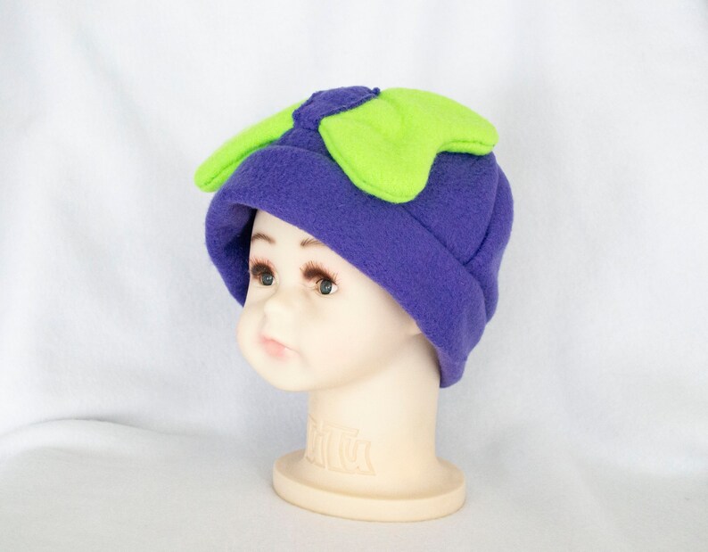 Purple and Green Bow Infant to 6 Month Sized Fleece Hat Beanie Cap Costume Cosplay Soft Fluffy Violet Neon Warm Winter Autumn Fall Weather image 1