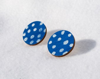 Dot Tastic Blue Wood Circle Earrings Polka Dots Retro 50s Style Jewelry Mens Earrings Womens Earrings Unisex Jewelry White Blue Navy Cobalt