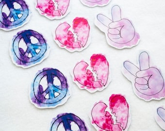 Peace Sign Hand Sticker Symbol Broken Heart Stickers Kawaii Cute Watercolor Stickers Stationery Love Peaceful Boho Hippie Retro Style Cute