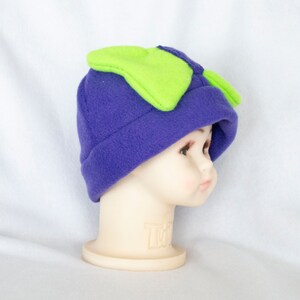 Purple and Green Bow Infant to 6 Month Sized Fleece Hat Beanie Cap Costume Cosplay Soft Fluffy Violet Neon Warm Winter Autumn Fall Weather image 3