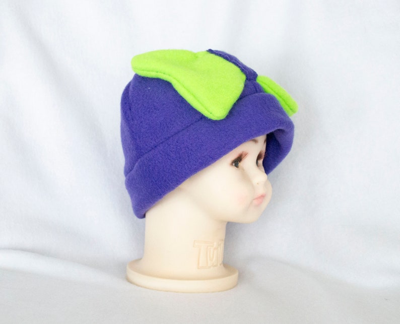 Purple and Green Bow Infant to 6 Month Sized Fleece Hat Beanie Cap Costume Cosplay Soft Fluffy Violet Neon Warm Winter Autumn Fall Weather image 3