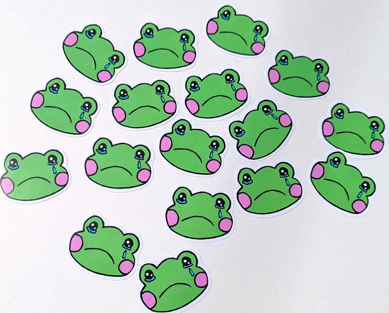 Crying Frog Face Head Sticker Handmade Kawaii Cute Stickers Stationery Stationary Anime Cartoon Frogs Toad Toads Green Tears Cry Sad image 2