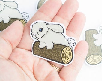Bunny on a log Sticker Kawaii Cute Animal Rabbit Furry Friend Nature Wood Rustic Look Digital Art Graphic Design Stationery Stickers Anime
