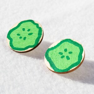 Dill Pickle Slices Round Circle Wooden Stud Earrings