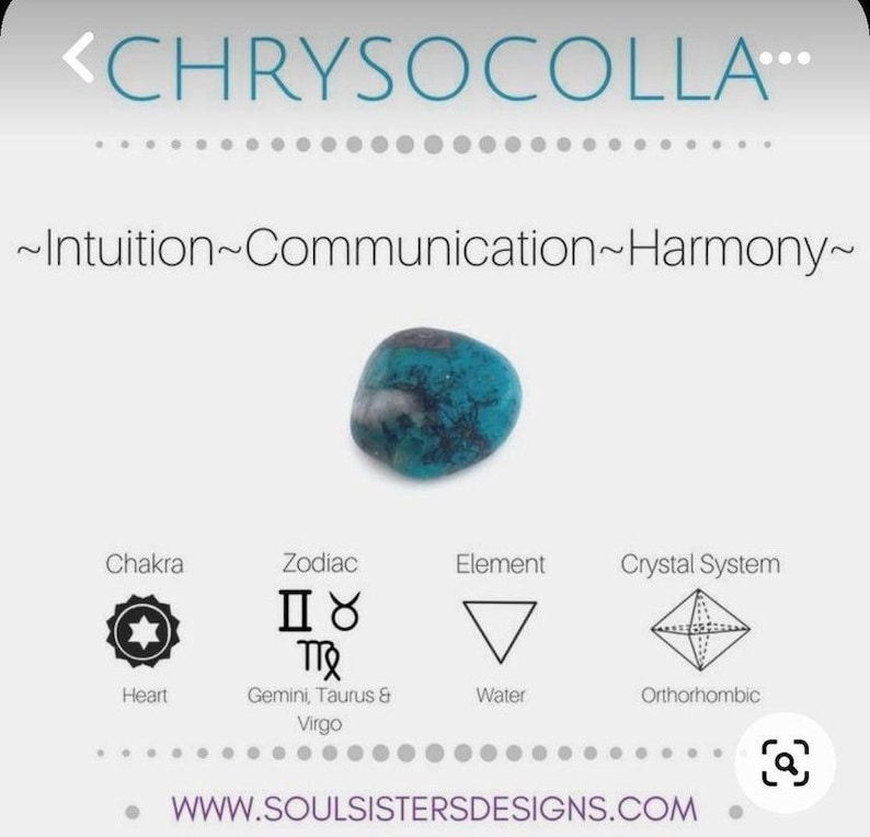May include: A turquoise chrysocolla stone with a white background. The stone is associated with the heart chakra, Gemini, Taurus, and Virgo zodiac signs, the element of water, and the orthorhombic crystal system. The text "~Intuition~Communication~Harmony~" is written above the stone.