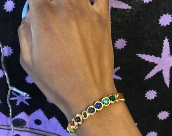 Pulsera de tenis de cristal de chakra, joyería curativa de latón