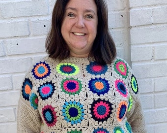 Granny Squares Sweater - Starburst/ Sunburst easy crochet jumper