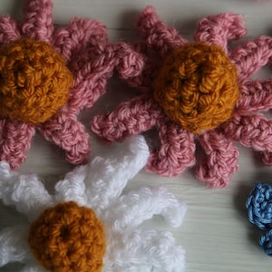 May include: A set of crocheted flowers in pink, white, and blue with brown centers. The flowers are made with a soft yarn and have a delicate, handmade look.
