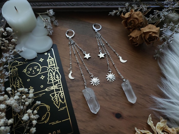 Celestial Sun Moon Star & Quartz Silver Earrings // Sun // Stars // Moon / Boho // Celestial // Witchy // Metaphysical Jewelry