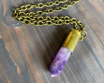 Amethyst Point Crystal 9mm Bullet Casing Necklace