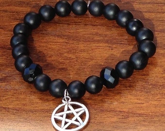 Matte Black Onyx, Glass Rondelle Beads with Pentagram Charm Protection Mala Bracelet | Healing Crystals