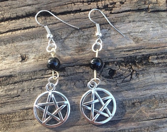 Black Onyx and Pentagram Dangle / Drop Earrings